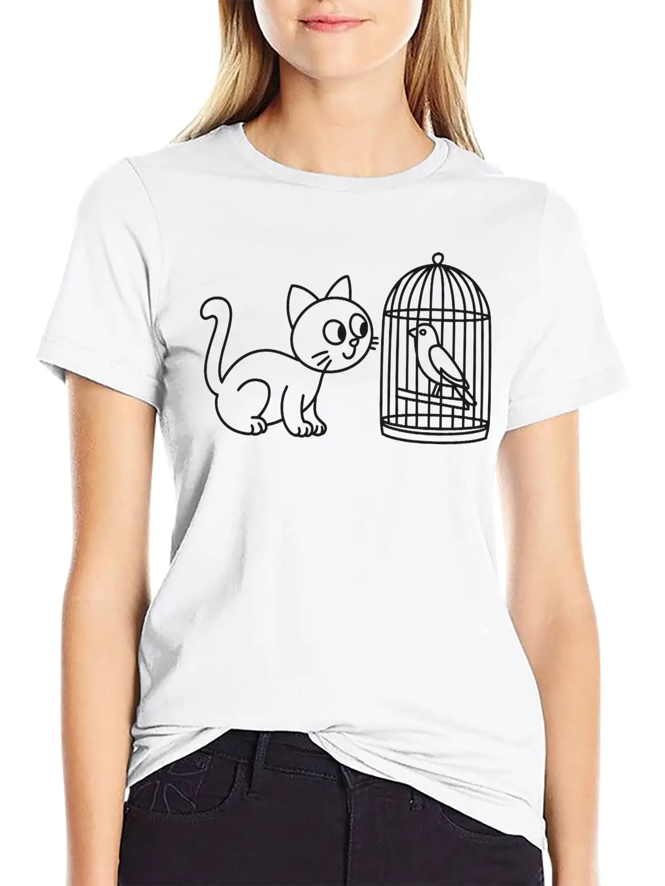 Cat Staring Into Birdcage Doodle Vector One Color Breathable Graphic T-Shirt – Perfect For Casual Days