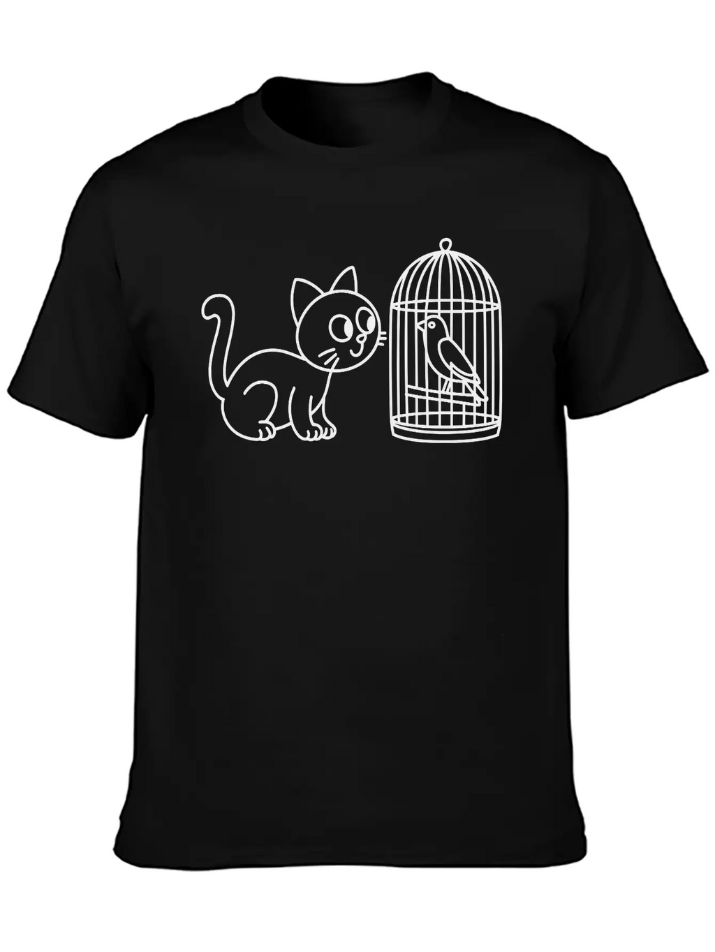 Cat Staring Into Birdcage Doodle Vector One Color Breathable Graphic T-Shirt – Perfect For Casual Days