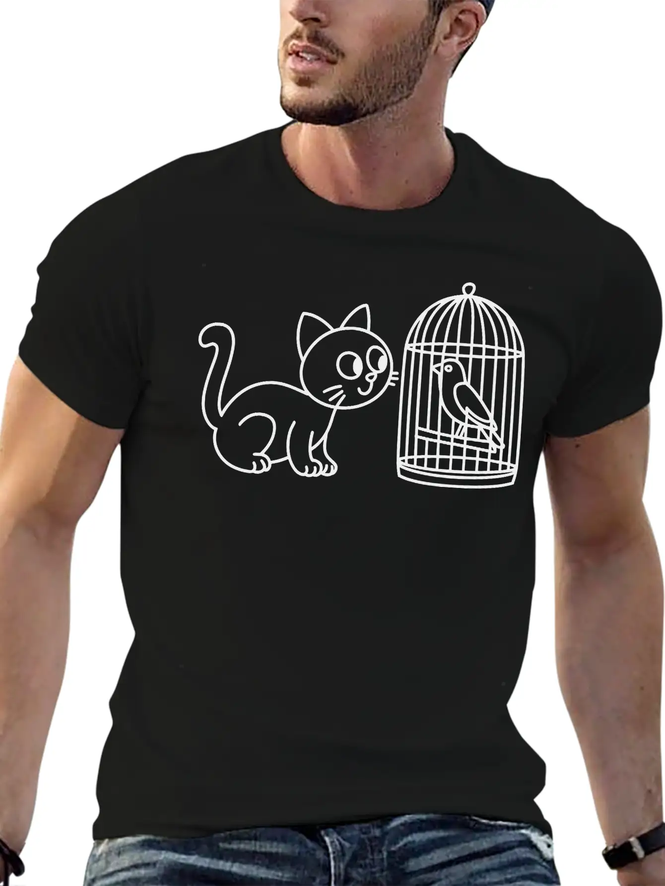 Cat Staring Into Birdcage Doodle Vector One Color Breathable Graphic T-Shirt – Perfect For Casual Days