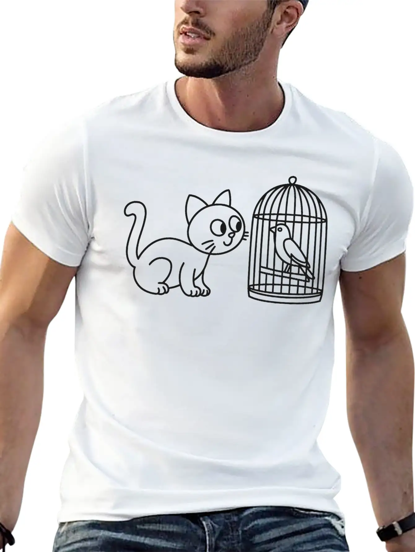 Cat Staring Into Birdcage Doodle Vector One Color Breathable Graphic T-Shirt – Perfect For Casual Days