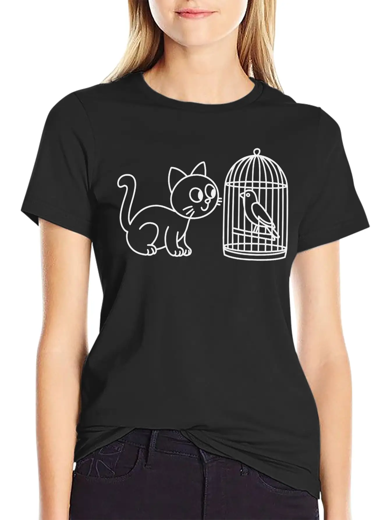 Cat Staring Into Birdcage Doodle Vector One Color Breathable Graphic T-Shirt – Perfect For Casual Days