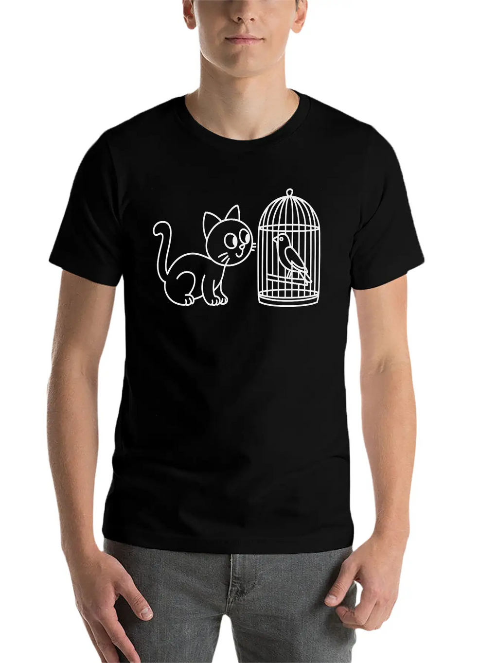 Cat Staring Into Birdcage Doodle Vector One Color Breathable Graphic T-Shirt – Perfect For Casual Days