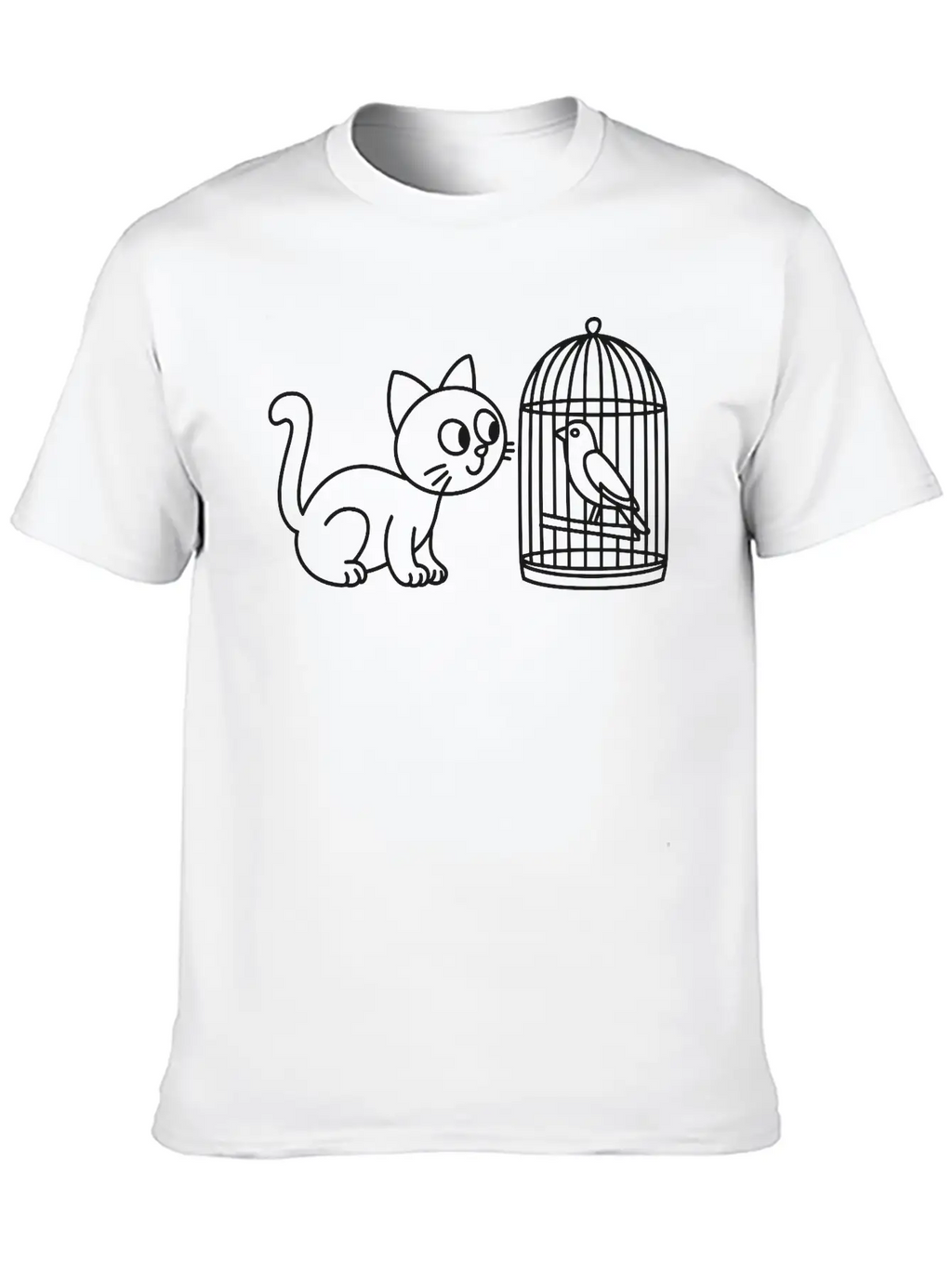 Cat Staring Into Birdcage Doodle Vector One Color Breathable Graphic T-Shirt – Perfect For Casual Days