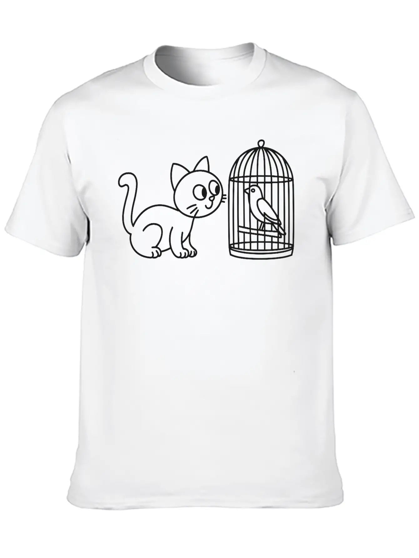 Cat Staring Into Birdcage Doodle Vector One Color Breathable Graphic T-Shirt – Perfect For Casual Days