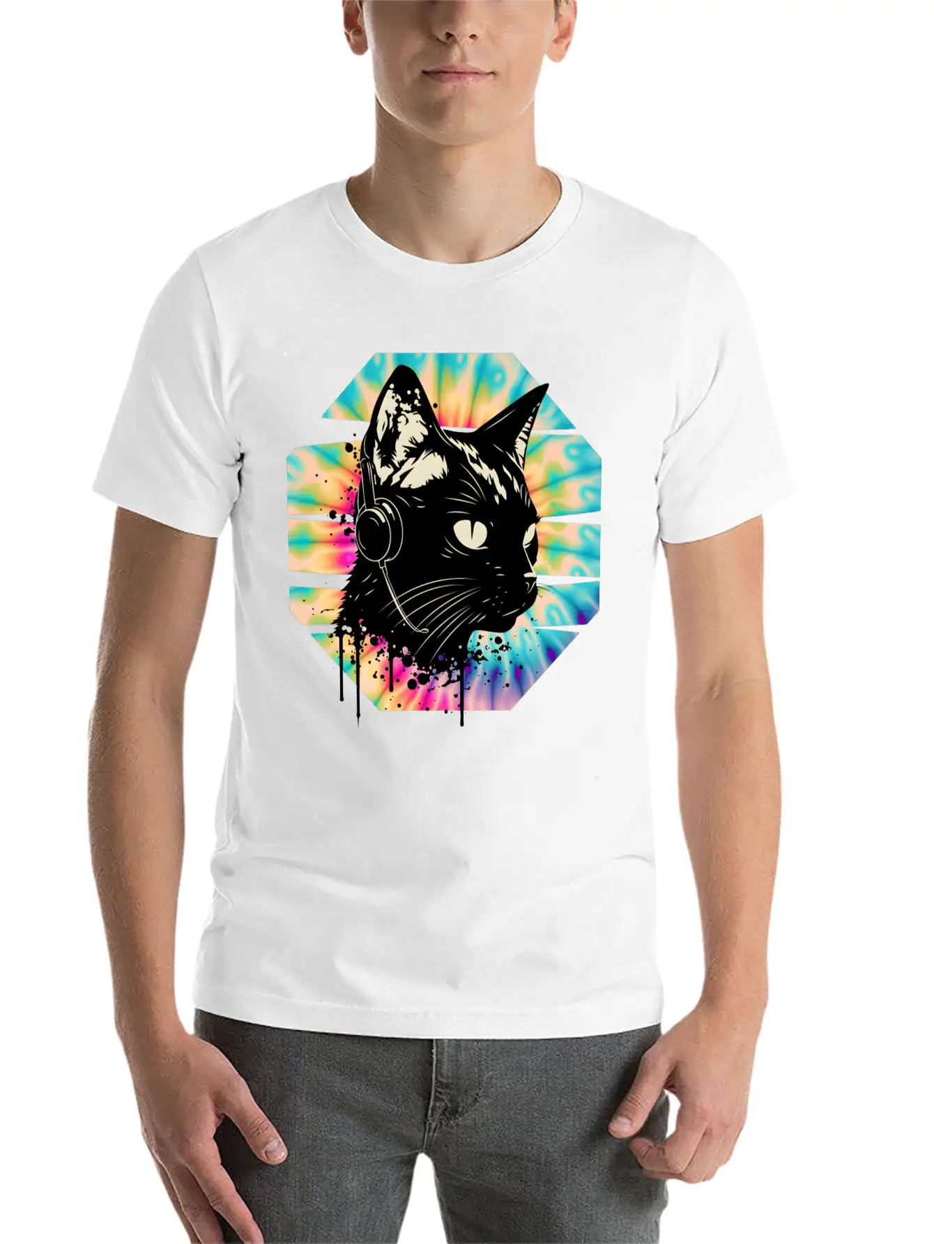 Cat Wearing Headphones | Cat Wearing Earphones Basic Graphic T-Shirt – Daily Comfort In Soft Cotton