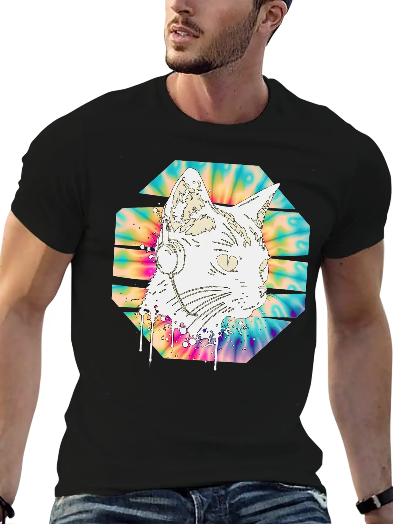 Cat Wearing Headphones | Cat Wearing Earphones Basic Graphic T-Shirt – Daily Comfort In Soft Cotton