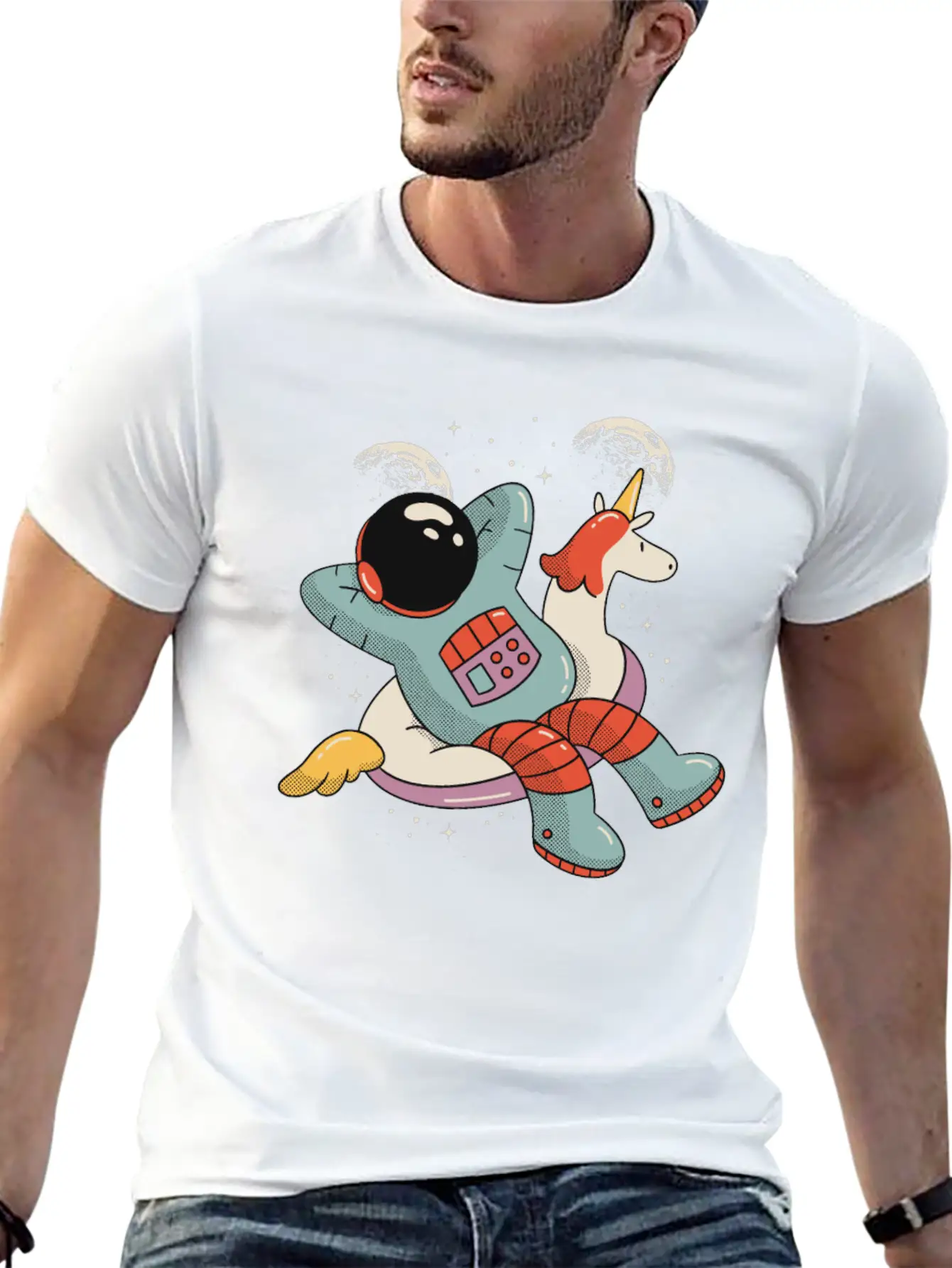 Chilling Astronaut Relaxing In Space On A Unicorn Stylish Everyday T-Shirt – Unisex Basic Cotton Tee