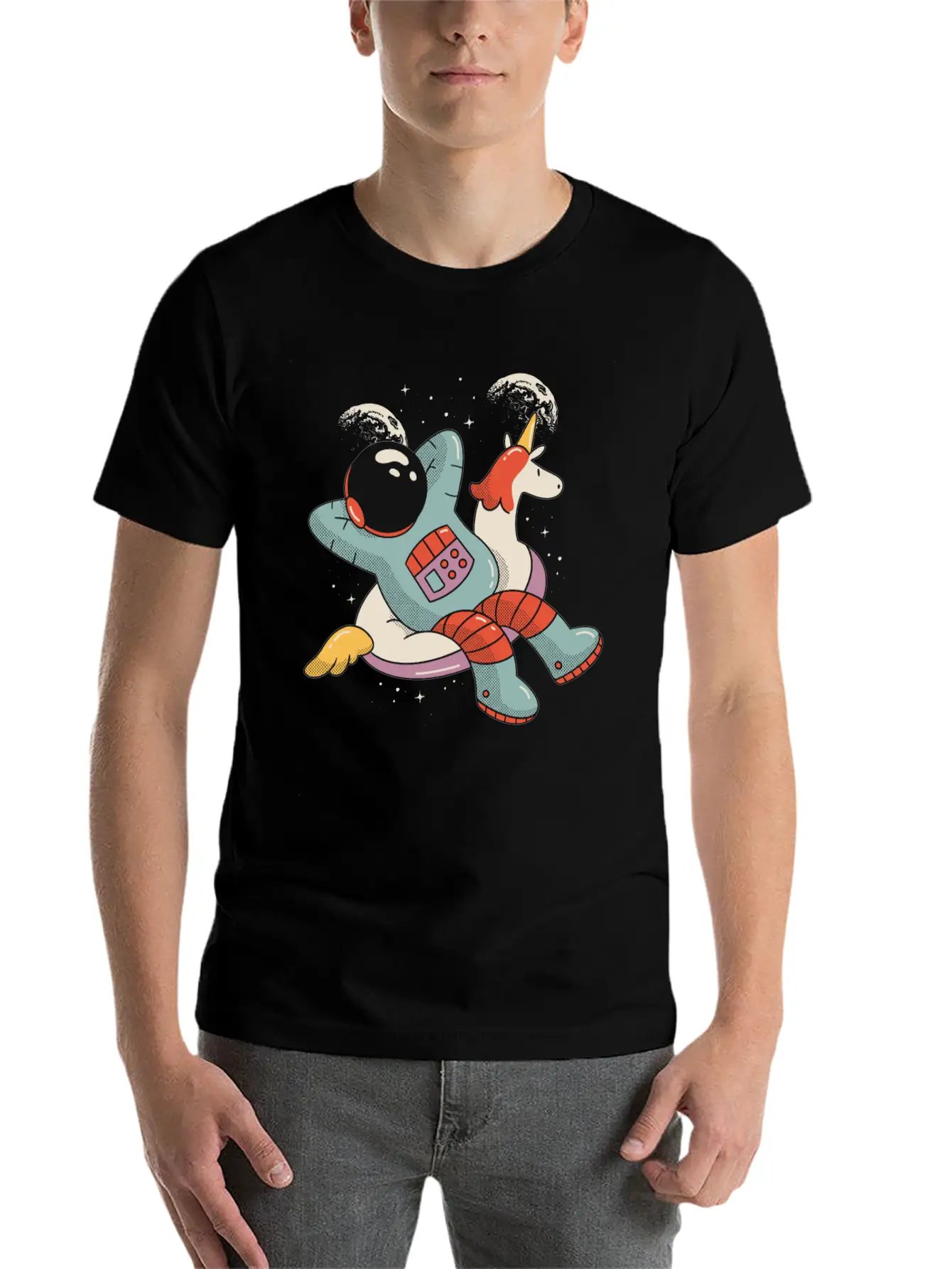 Chilling Astronaut Relaxing In Space On A Unicorn Stylish Everyday T-Shirt – Unisex Basic Cotton Tee