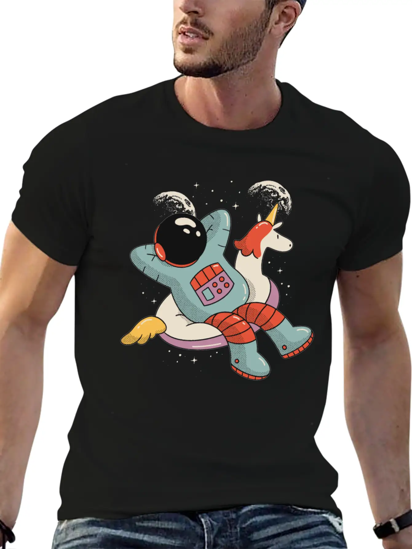 Chilling Astronaut Relaxing In Space On A Unicorn Stylish Everyday T-Shirt – Unisex Basic Cotton Tee