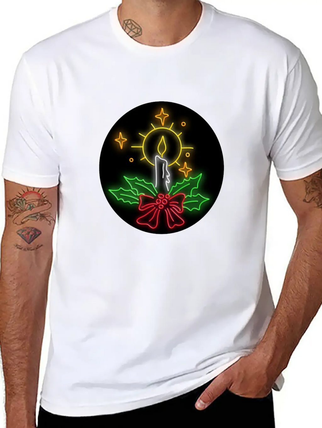 Christmas Candle Wreath Oval Neon Sign Essential Cotton Tee For Daily Outfits – Unisex Style