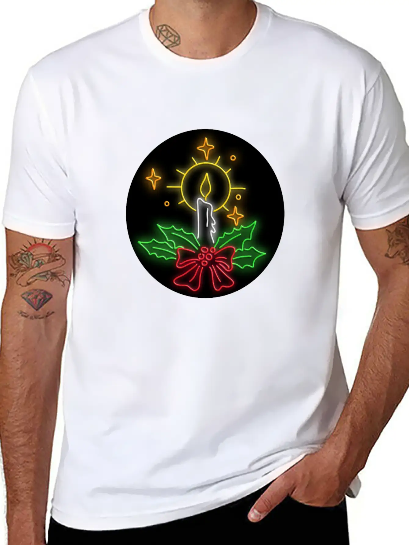 Christmas Candle Wreath Oval Neon Sign Essential Cotton Tee For Daily Outfits – Unisex Style