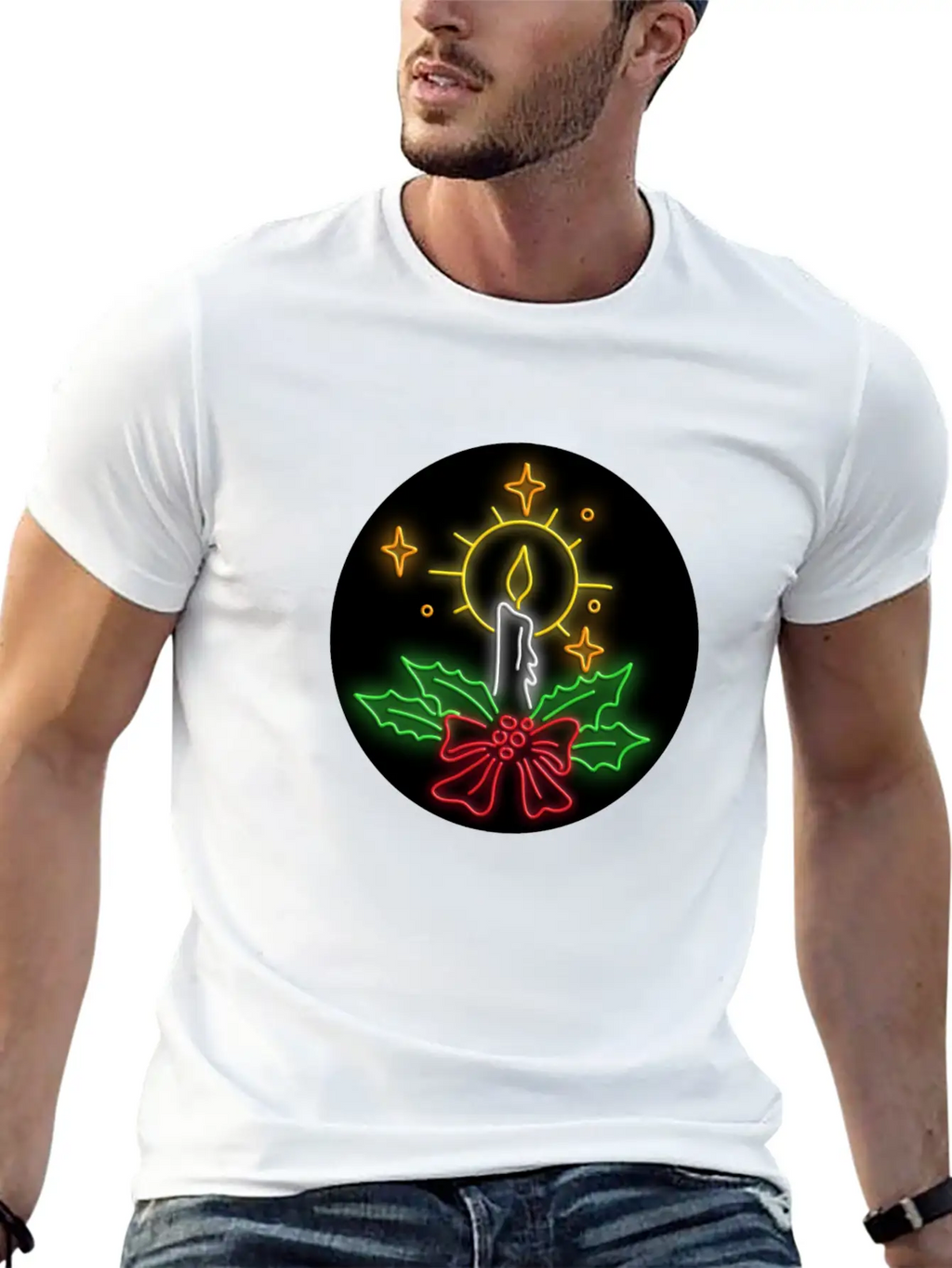 Christmas Candle Wreath Oval Neon Sign Essential Cotton Tee For Daily Outfits – Unisex Style