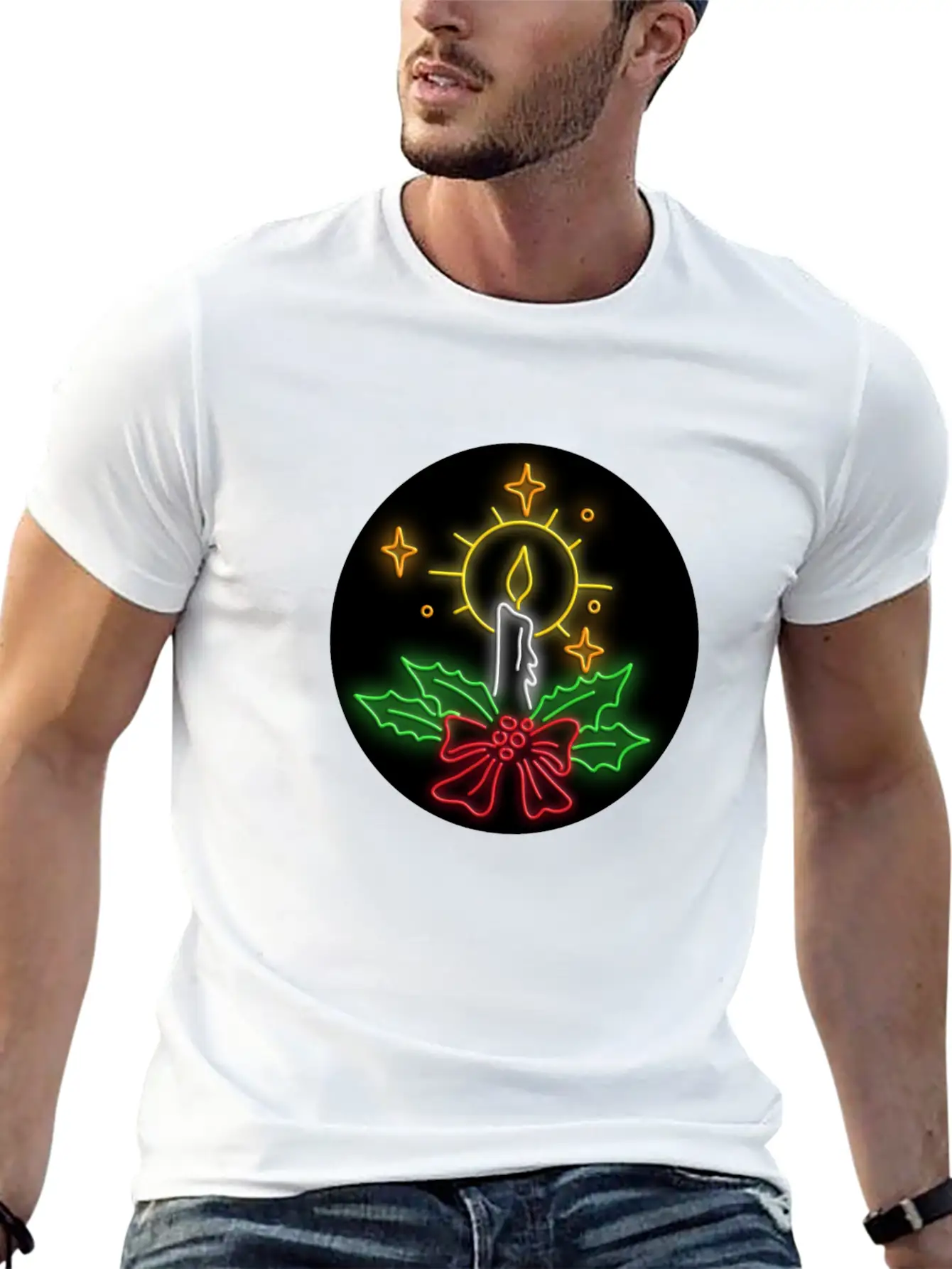Christmas Candle Wreath Oval Neon Sign Essential Cotton Tee For Daily Outfits – Unisex Style