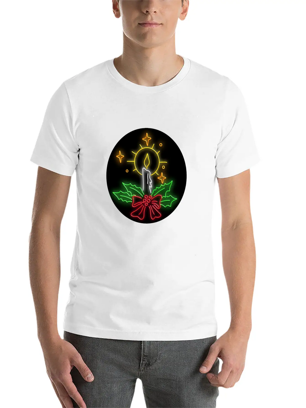 Christmas Candle Wreath Oval Neon Sign Essential Cotton Tee For Daily Outfits – Unisex Style