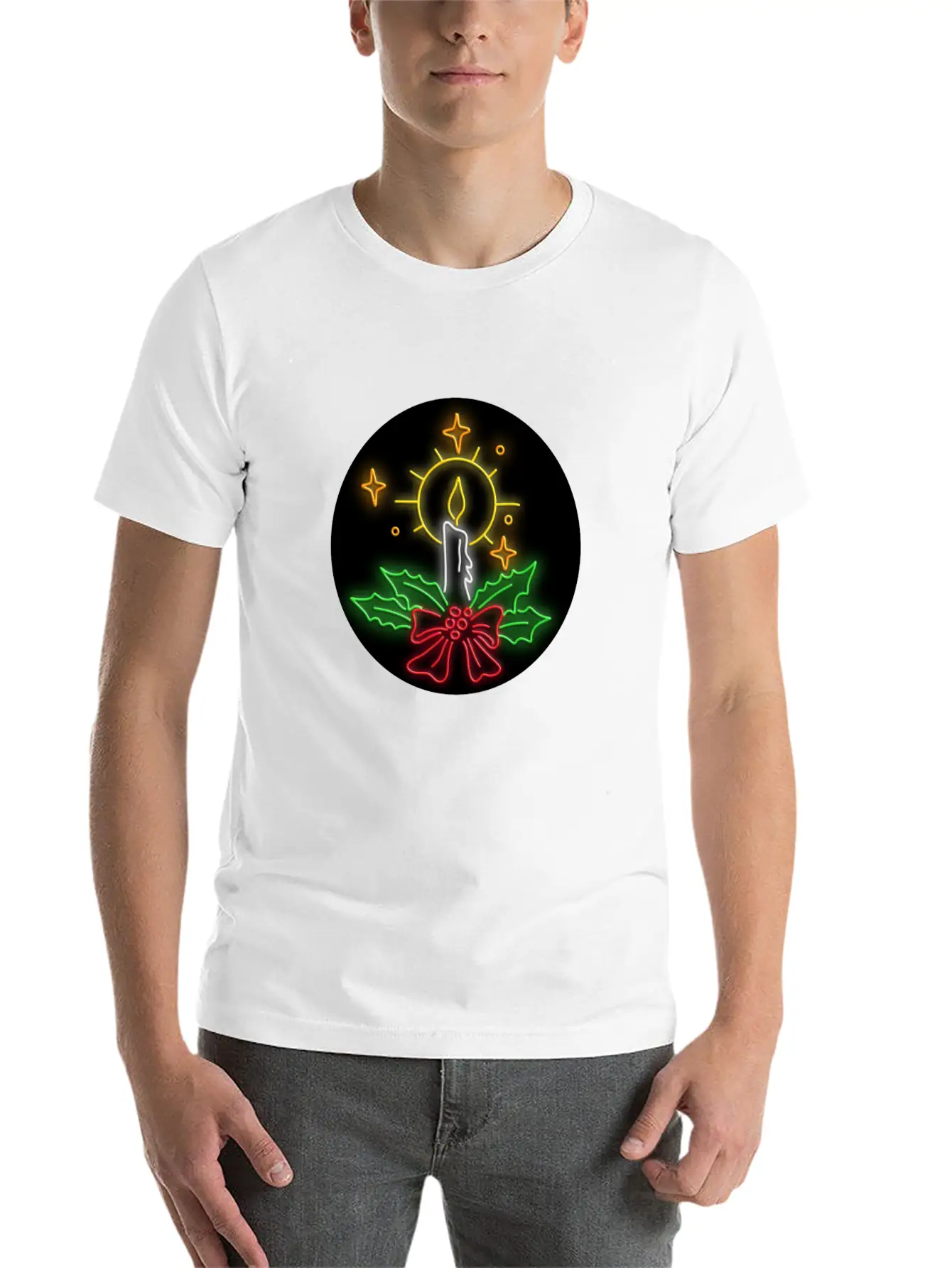Christmas Candle Wreath Oval Neon Sign Essential Cotton Tee For Daily Outfits – Unisex Style