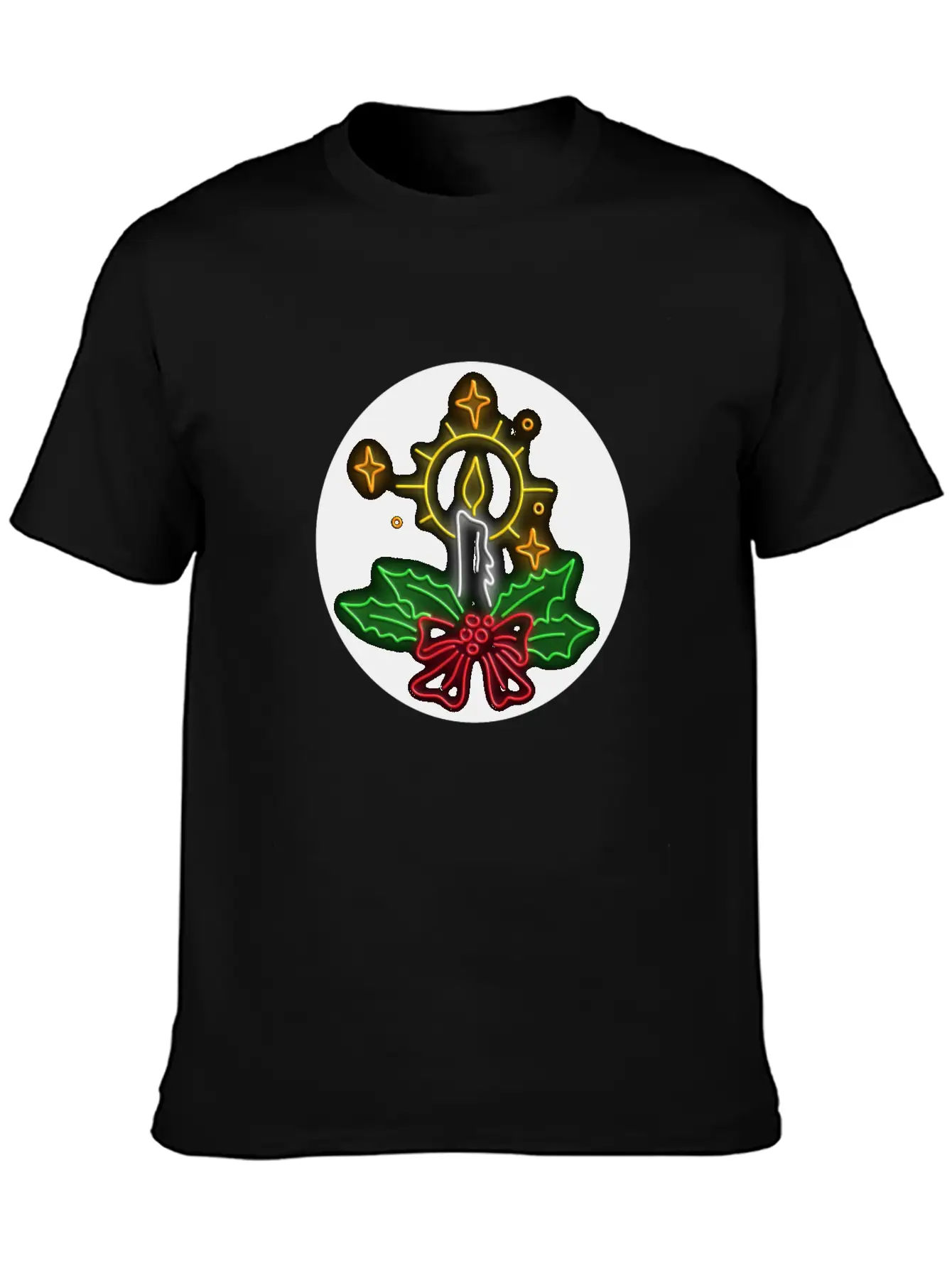 Christmas Candle Wreath Oval Neon Sign Essential Cotton Tee For Daily Outfits – Unisex Style