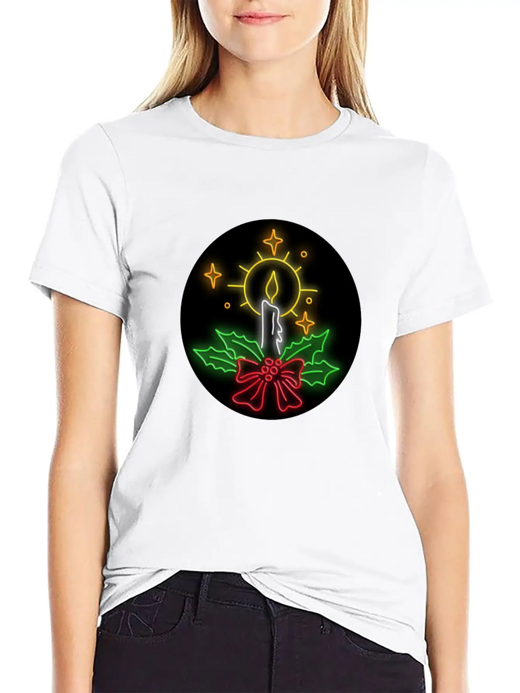 Christmas Candle Wreath Oval Neon Sign Essential Cotton Tee For Daily Outfits – Unisex Style