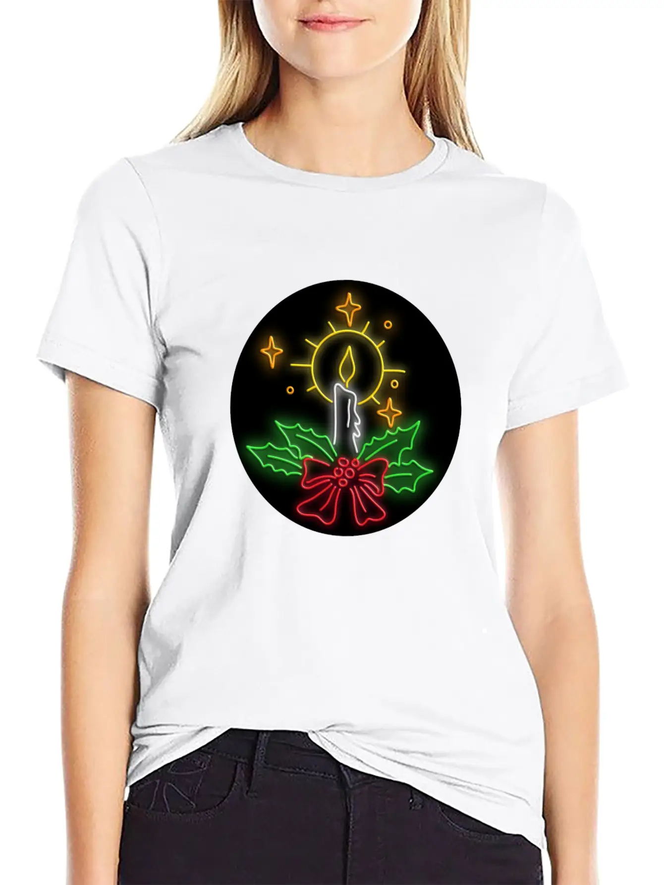 Christmas Candle Wreath Oval Neon Sign Essential Cotton Tee For Daily Outfits – Unisex Style