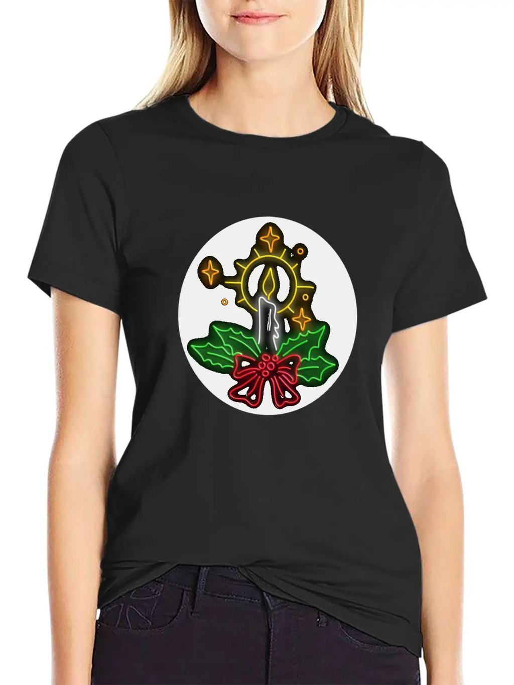 Christmas Candle Wreath Oval Neon Sign Essential Cotton Tee For Daily Outfits – Unisex Style