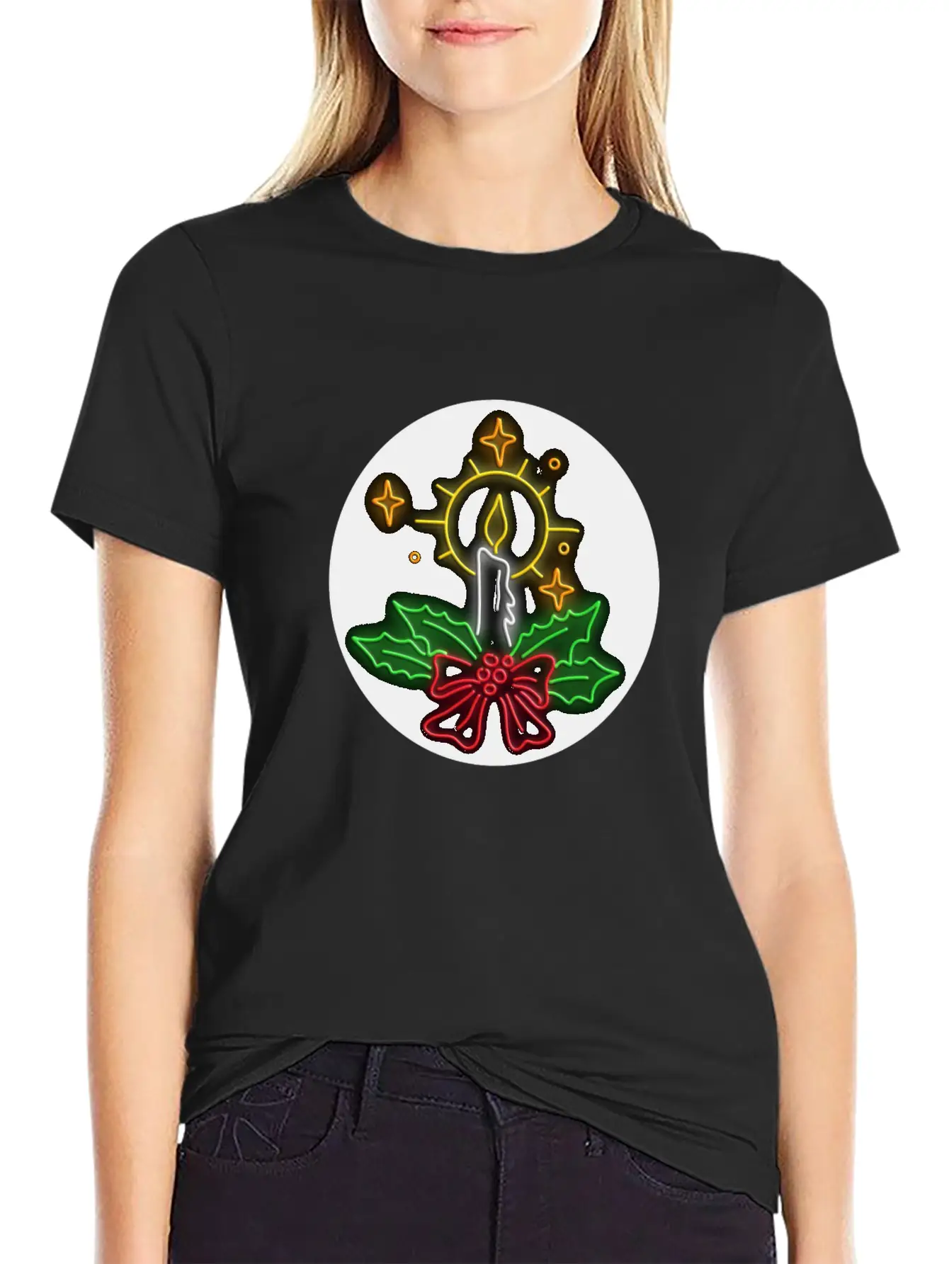 Christmas Candle Wreath Oval Neon Sign Essential Cotton Tee For Daily Outfits – Unisex Style
