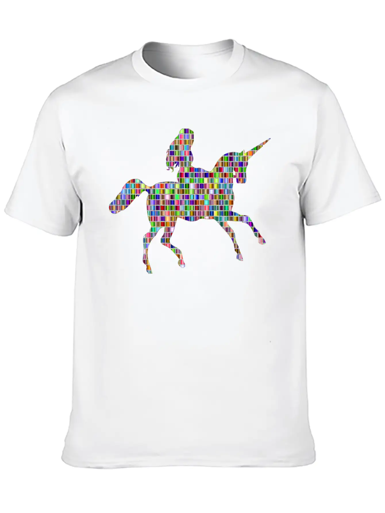 Chromatic Mosaic Woman Riding Unicorn Relaxed Everyday Tee – Lightweight And Durable Cotton