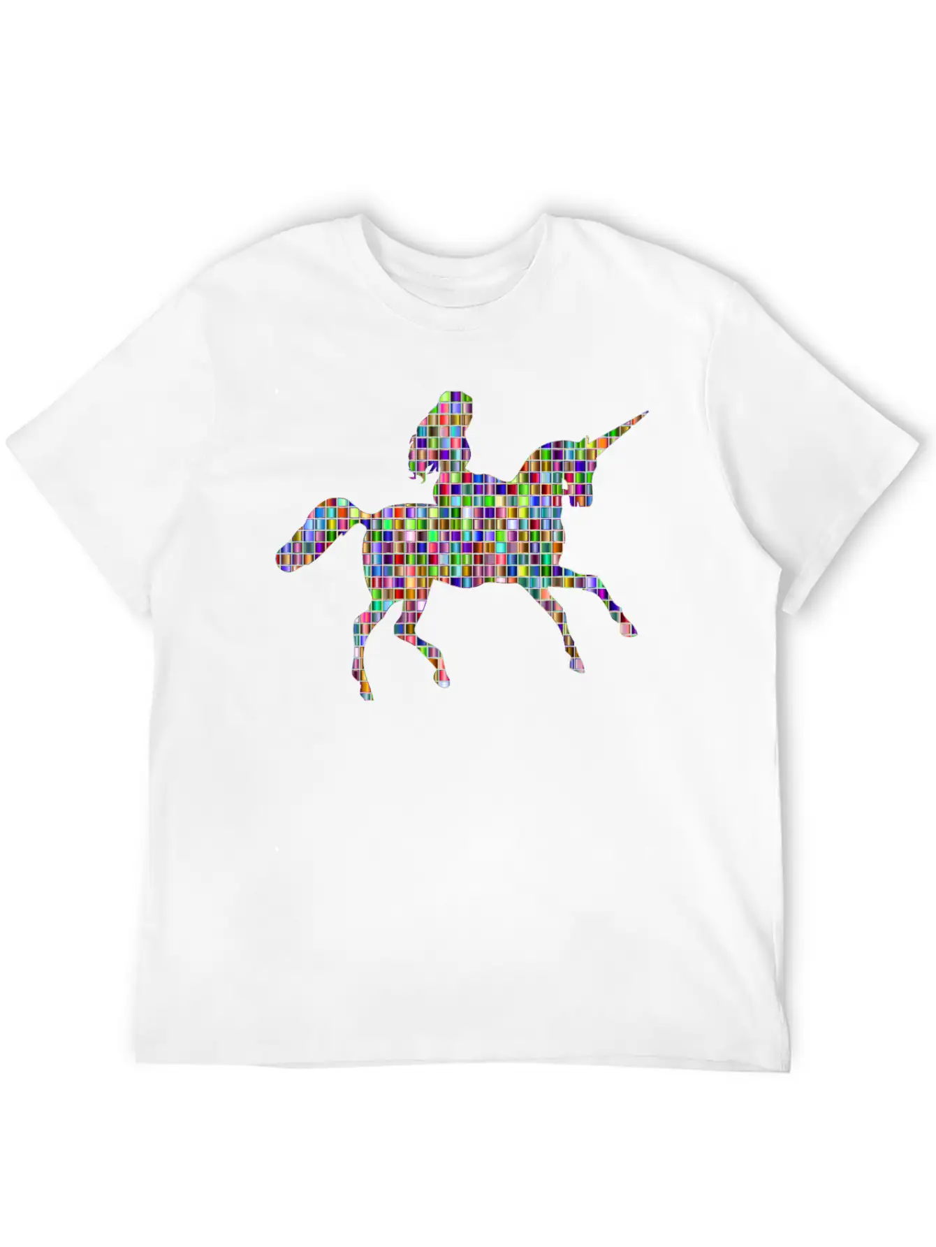 Chromatic Mosaic Woman Riding Unicorn Relaxed Everyday Tee – Lightweight And Durable Cotton