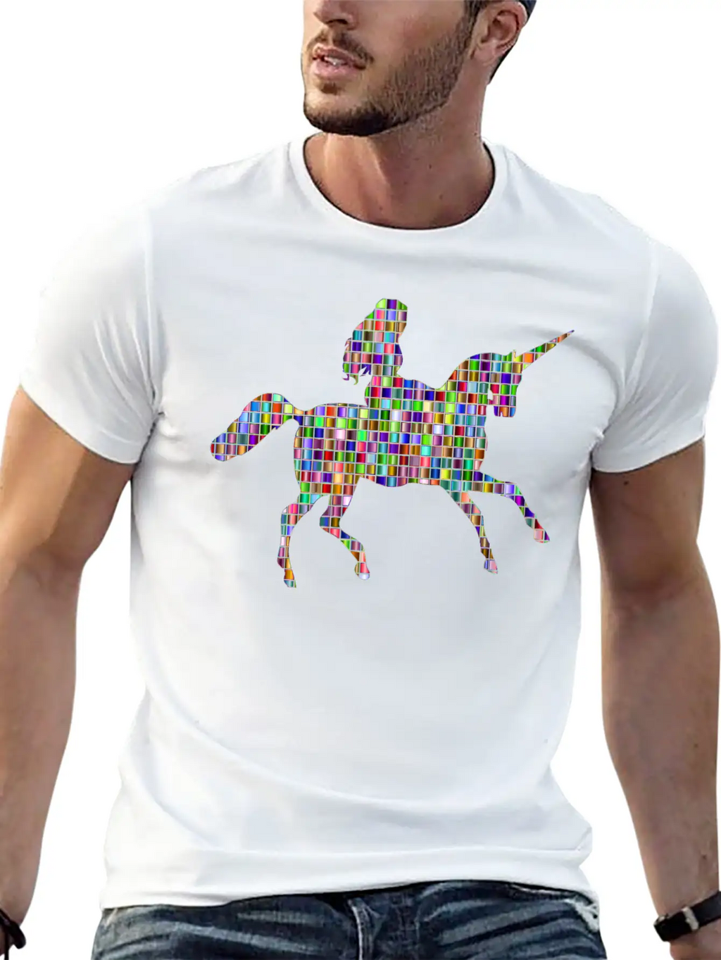 Chromatic Mosaic Woman Riding Unicorn Relaxed Everyday Tee – Lightweight And Durable Cotton