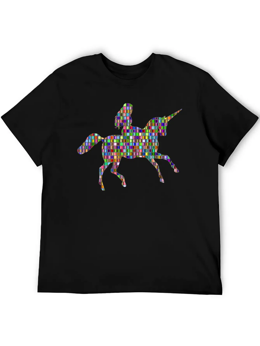 Chromatic Mosaic Woman Riding Unicorn Relaxed Everyday Tee – Lightweight And Durable Cotton