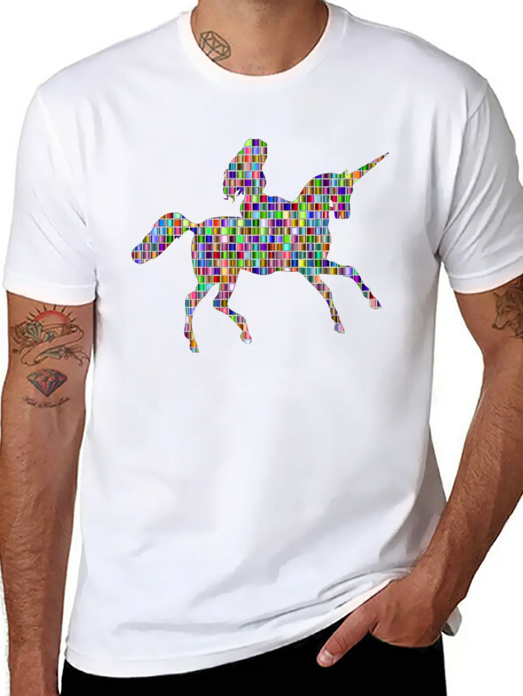 Chromatic Mosaic Woman Riding Unicorn Relaxed Everyday Tee – Lightweight And Durable Cotton