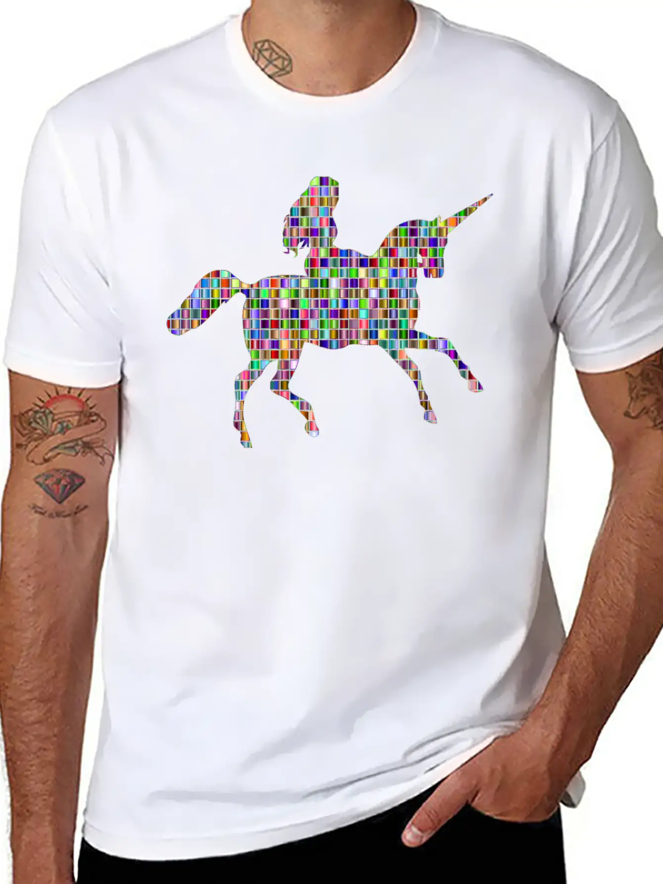 Chromatic Mosaic Woman Riding Unicorn Relaxed Everyday Tee – Lightweight And Durable Cotton