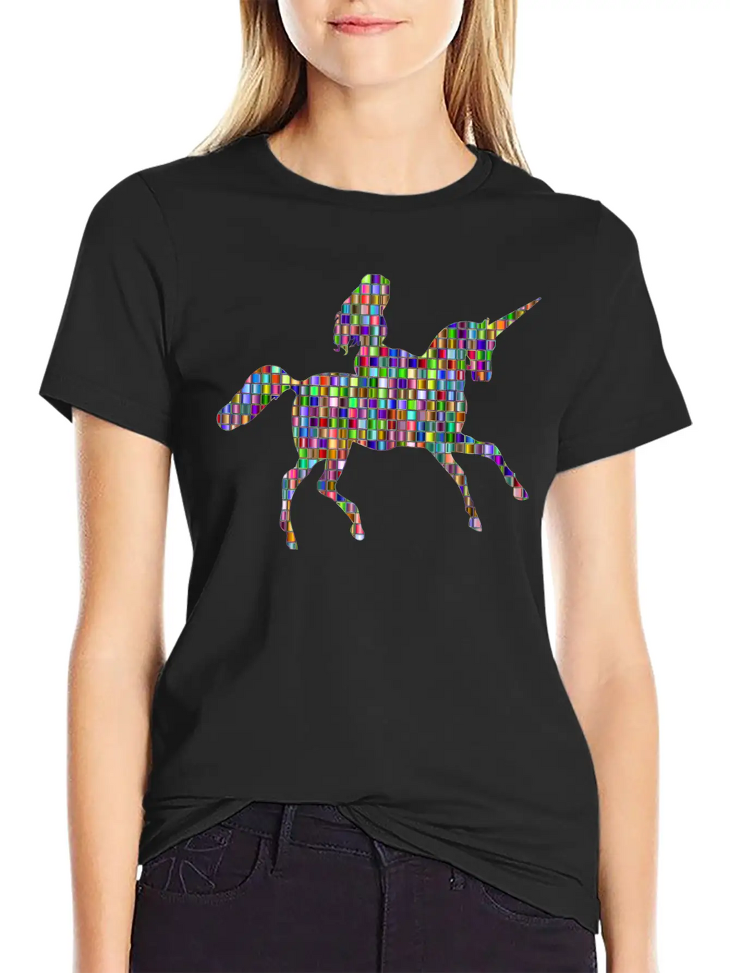 Chromatic Mosaic Woman Riding Unicorn Relaxed Everyday Tee – Lightweight And Durable Cotton