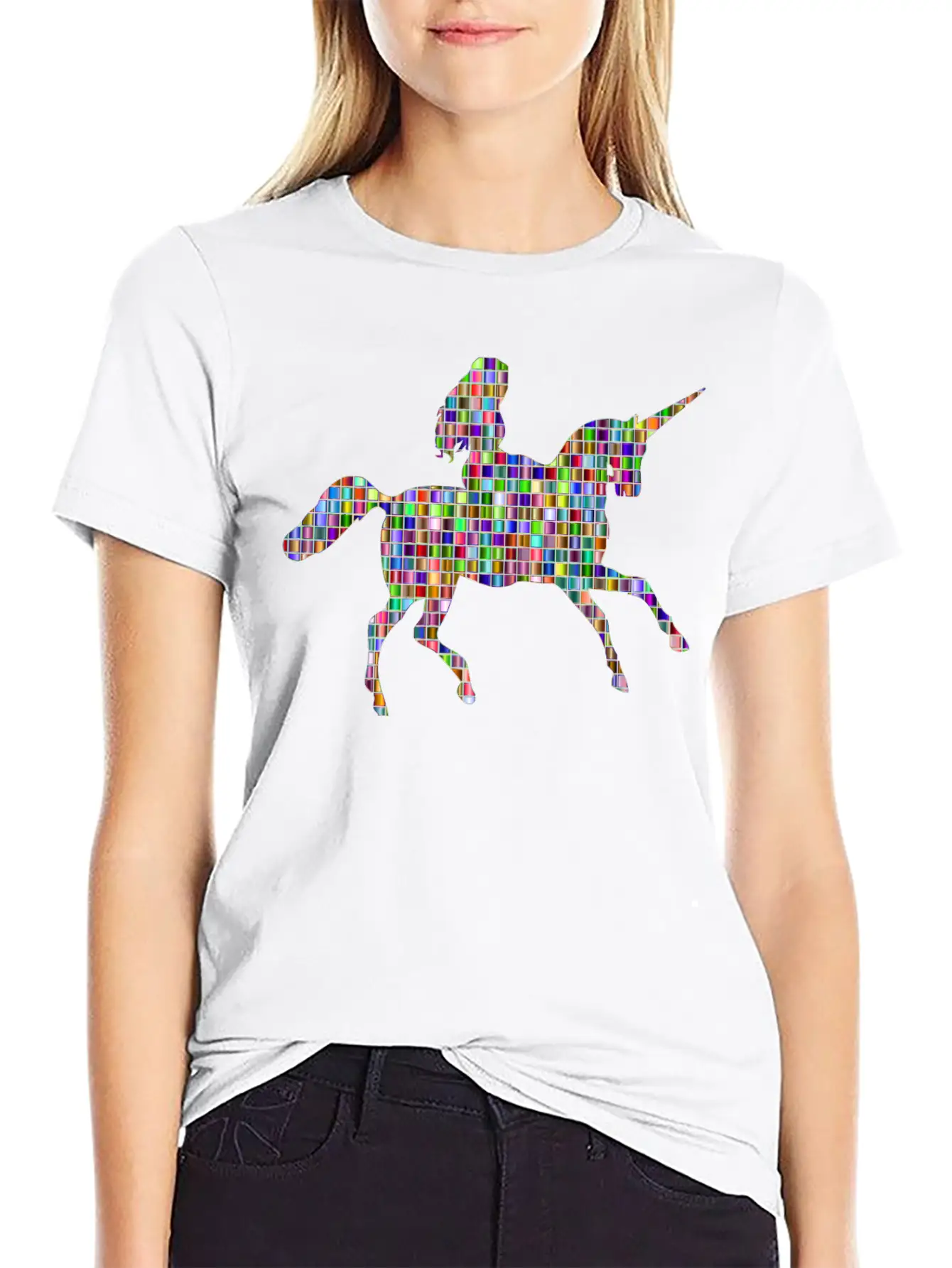 Chromatic Mosaic Woman Riding Unicorn Relaxed Everyday Tee – Lightweight And Durable Cotton