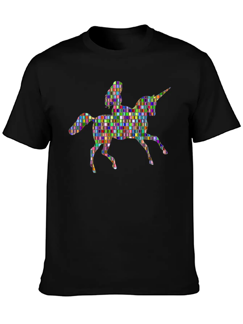 Chromatic Mosaic Woman Riding Unicorn Relaxed Everyday Tee – Lightweight And Durable Cotton