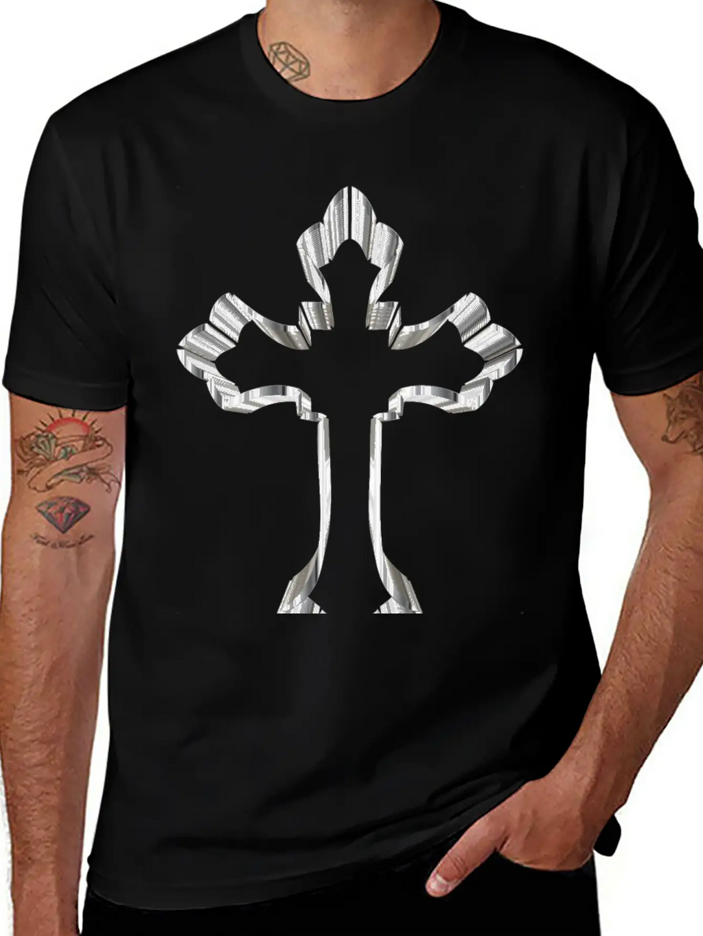 Chrome Ornate Cross No Background Breathable Graphic T-Shirt – Perfect For Casual Days