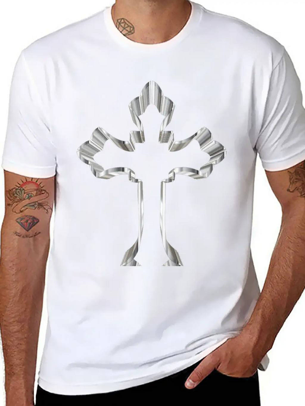 Chrome Ornate Cross No Background Breathable Graphic T-Shirt – Perfect For Casual Days