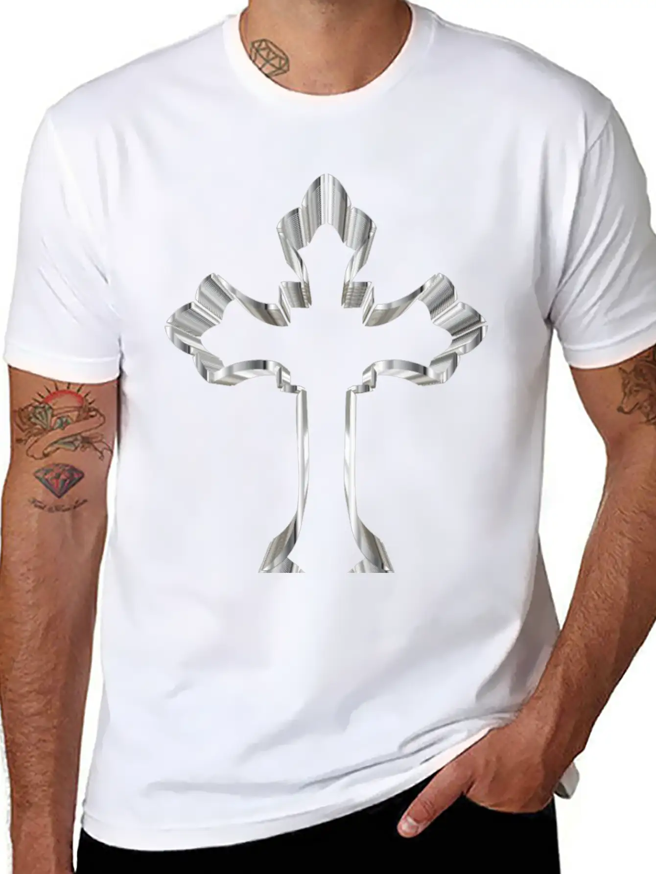 Chrome Ornate Cross No Background Breathable Graphic T-Shirt – Perfect For Casual Days
