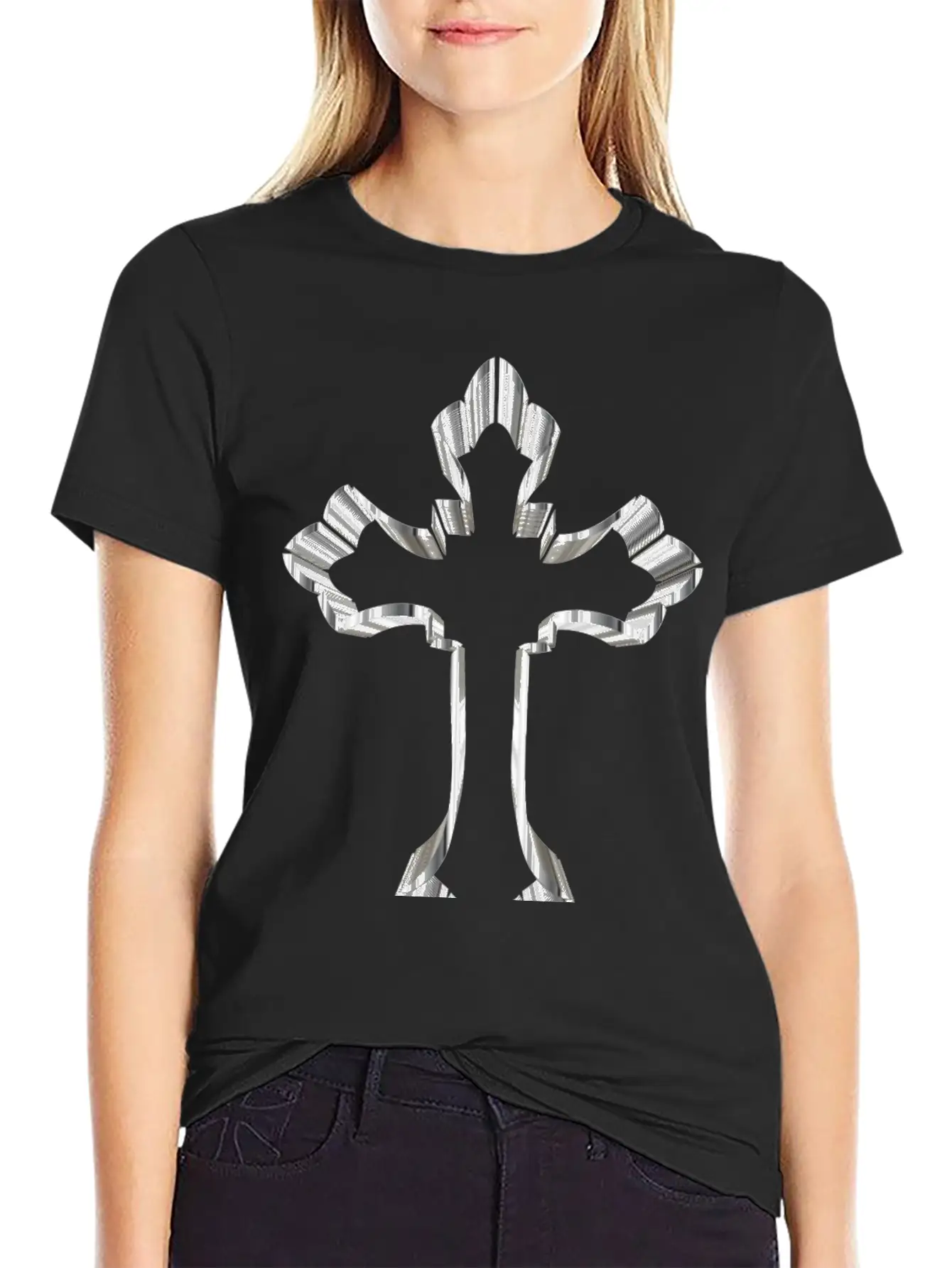 Chrome Ornate Cross No Background Breathable Graphic T-Shirt – Perfect For Casual Days
