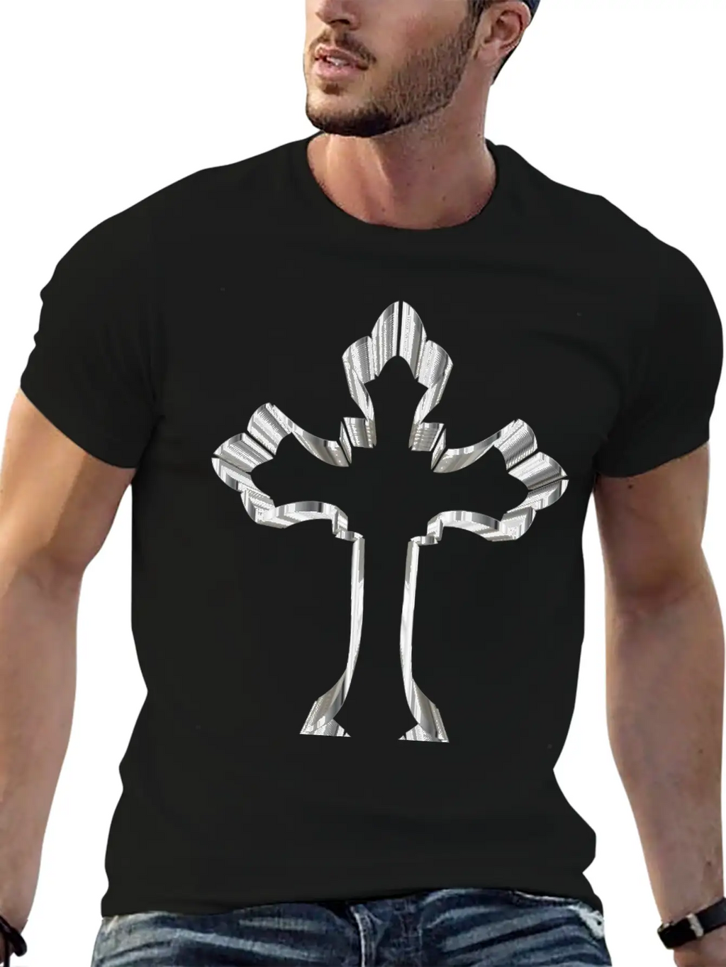 Chrome Ornate Cross No Background Breathable Graphic T-Shirt – Perfect For Casual Days