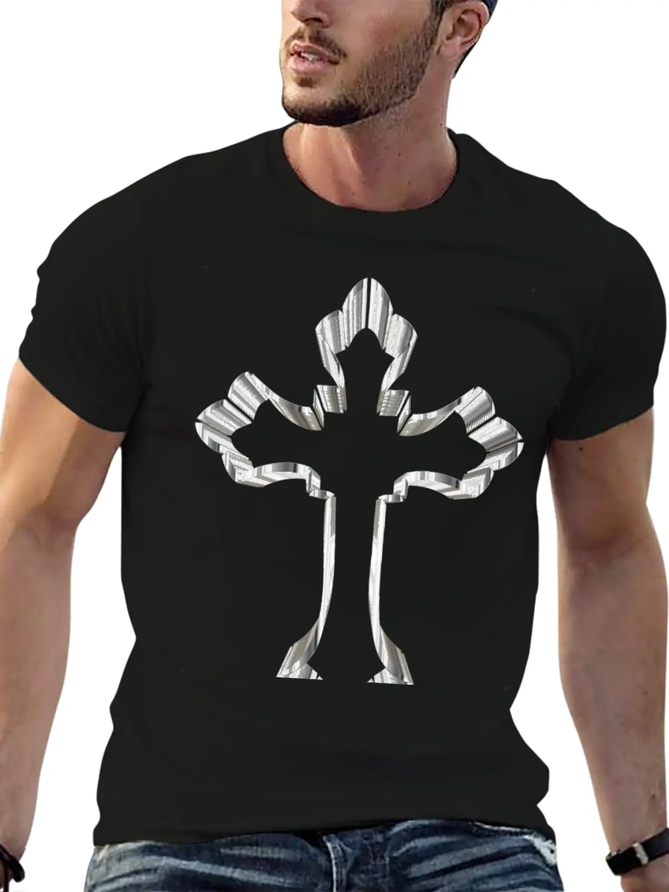 Chrome Ornate Cross No Background Breathable Graphic T-Shirt – Perfect For Casual Days