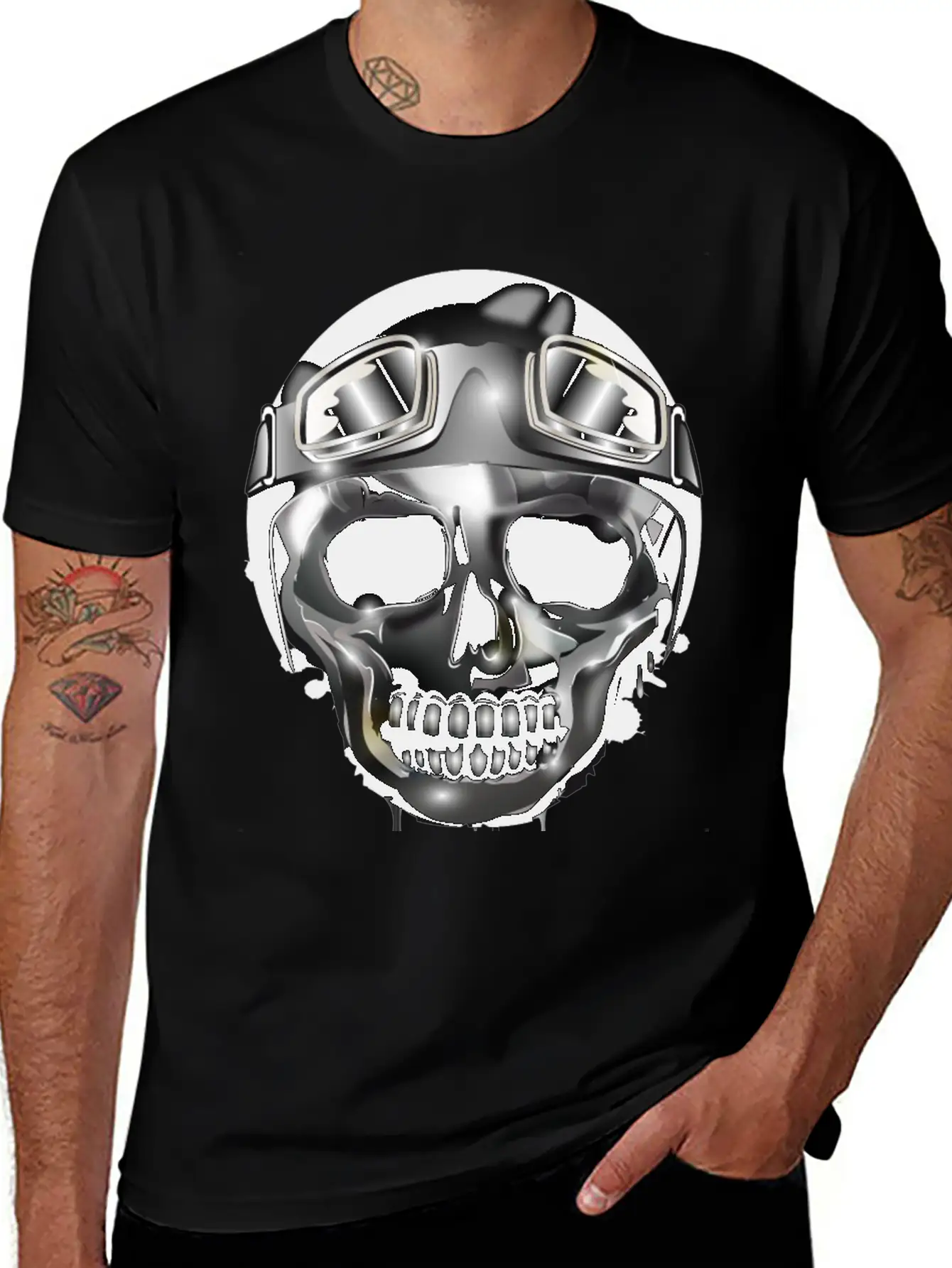 Chrome Skull With Retro Motorcycle Helmet Essential Cotton Tee For Daily Outfits – Unisex Style