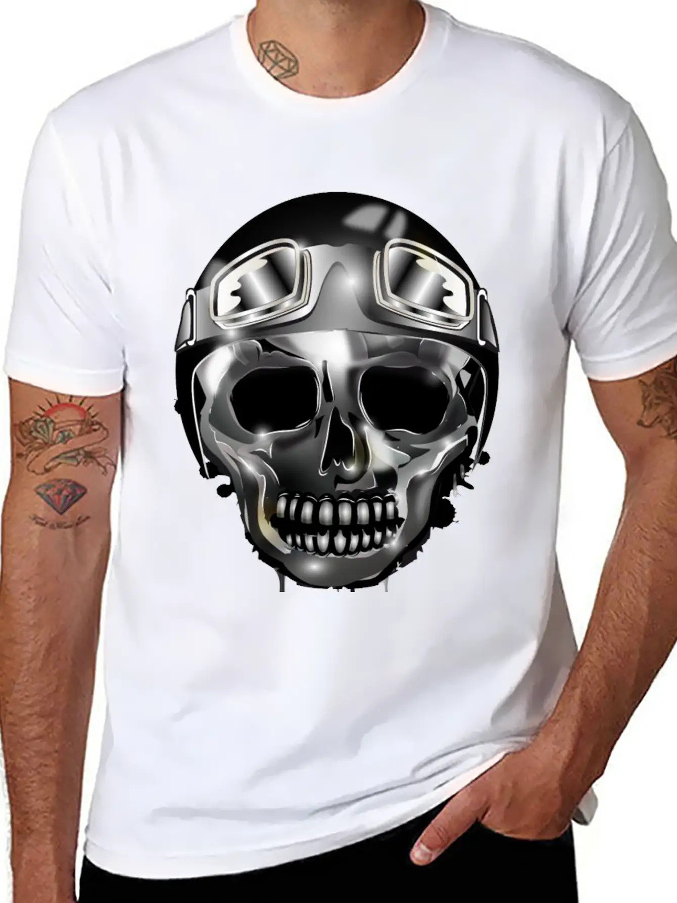 Chrome Skull With Retro Motorcycle Helmet Essential Cotton Tee For Daily Outfits – Unisex Style
