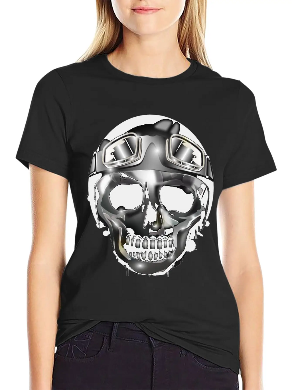 Chrome Skull With Retro Motorcycle Helmet Essential Cotton Tee For Daily Outfits – Unisex Style