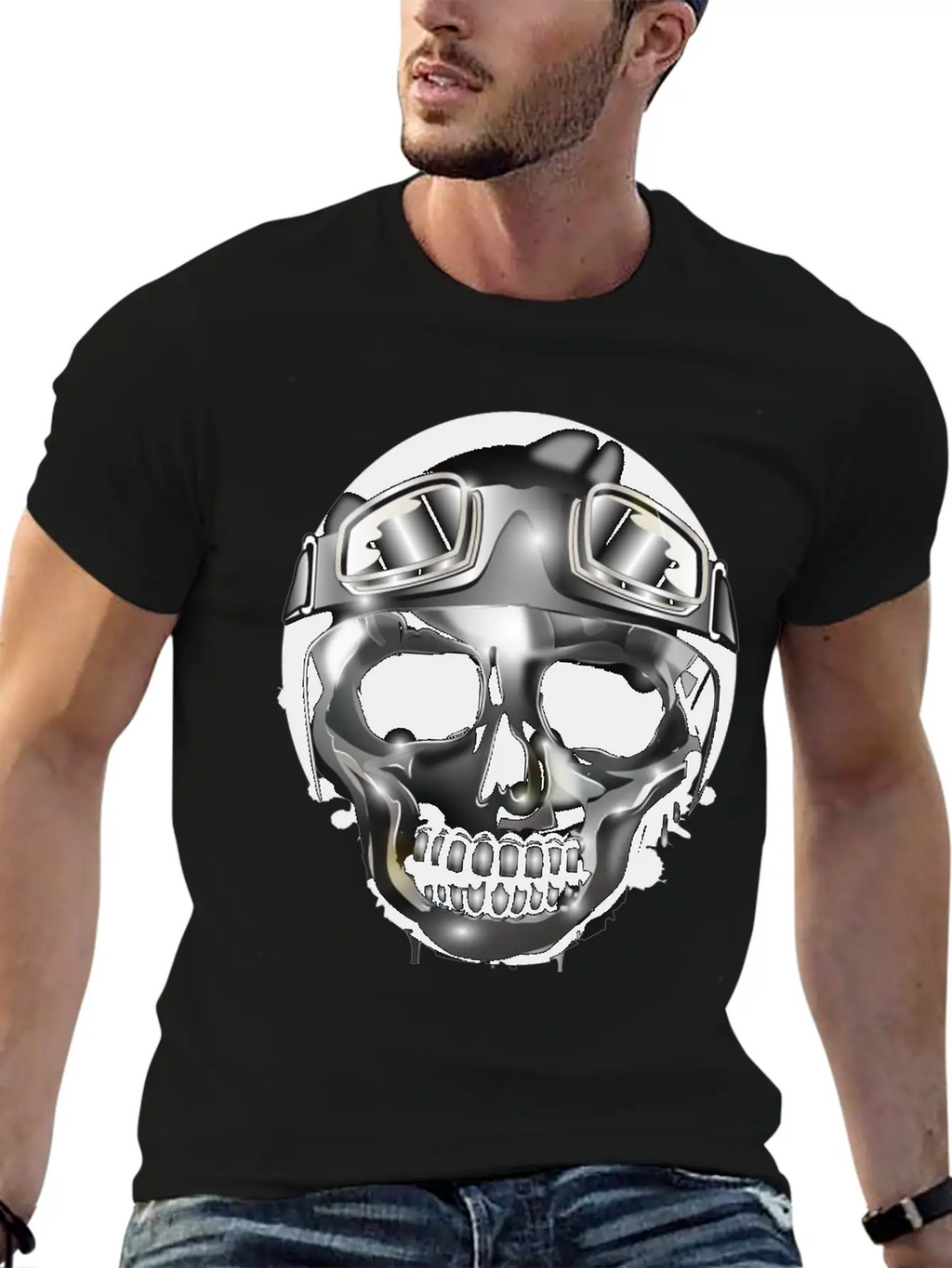 Chrome Skull With Retro Motorcycle Helmet Essential Cotton Tee For Daily Outfits – Unisex Style