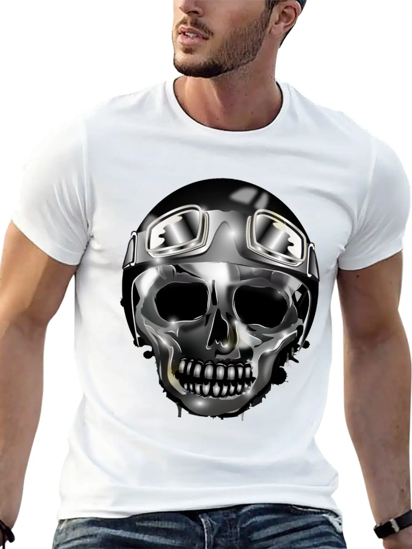 Chrome Skull With Retro Motorcycle Helmet Essential Cotton Tee For Daily Outfits – Unisex Style