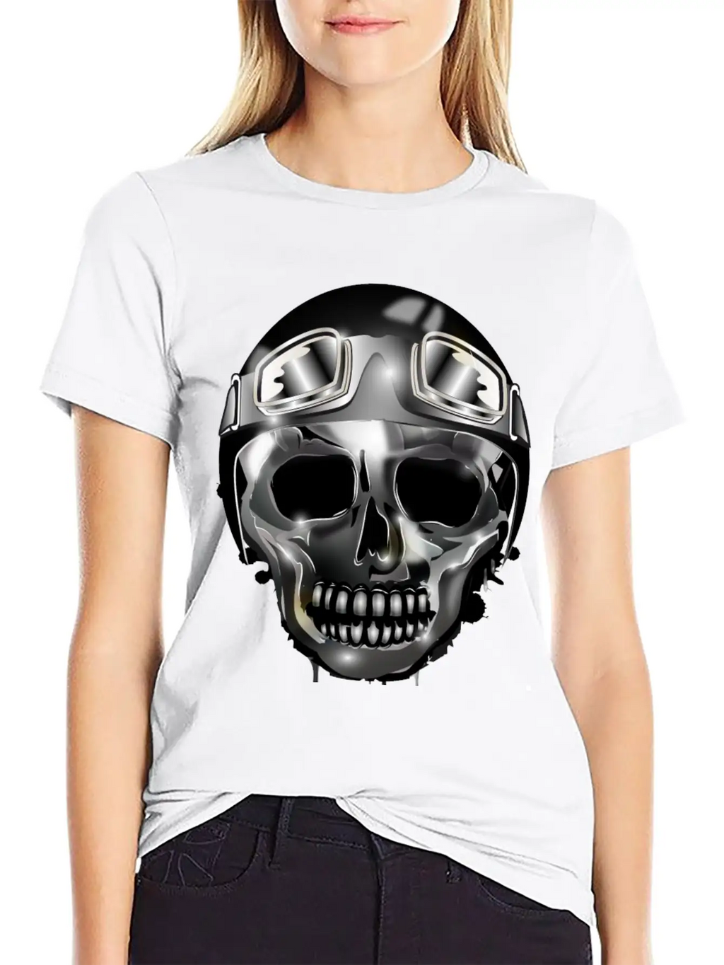 Chrome Skull With Retro Motorcycle Helmet Essential Cotton Tee For Daily Outfits – Unisex Style