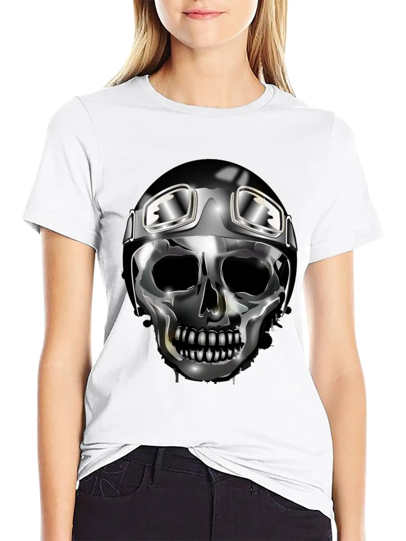 Chrome Skull With Retro Motorcycle Helmet Essential Cotton Tee For Daily Outfits – Unisex Style