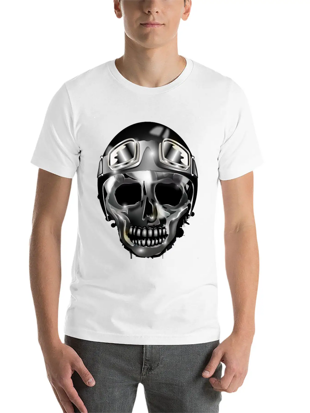 Chrome Skull With Retro Motorcycle Helmet Essential Cotton Tee For Daily Outfits – Unisex Style