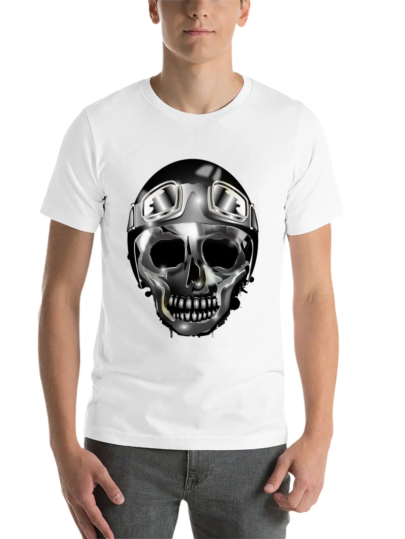 Chrome Skull With Retro Motorcycle Helmet Essential Cotton Tee For Daily Outfits – Unisex Style