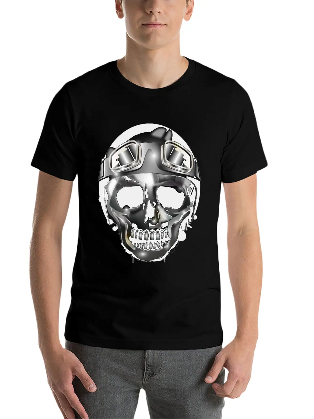 Chrome Skull With Retro Motorcycle Helmet Essential Cotton Tee For Daily Outfits – Unisex Style