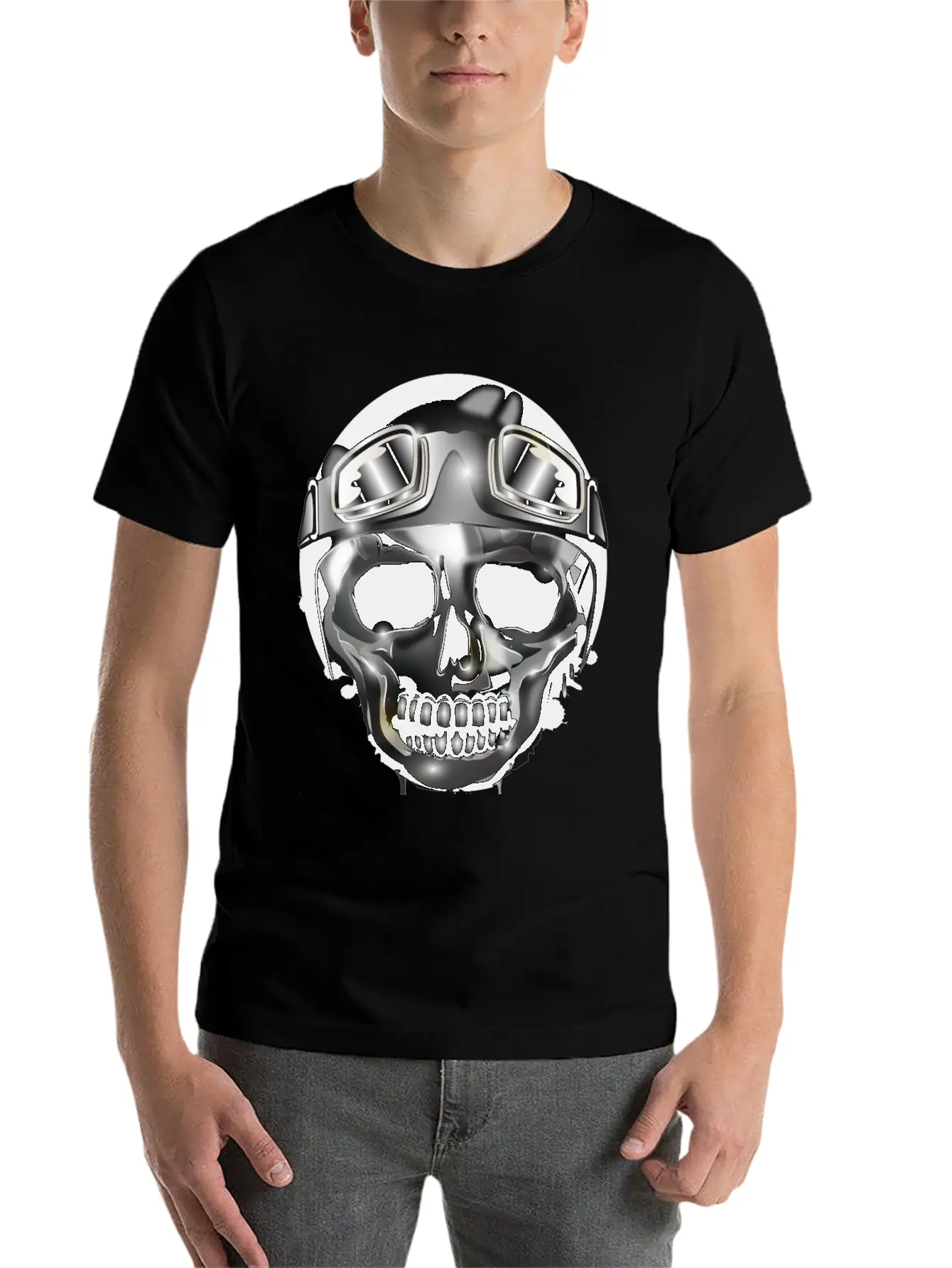Chrome Skull With Retro Motorcycle Helmet Essential Cotton Tee For Daily Outfits – Unisex Style